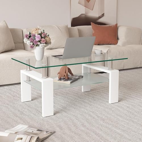 Glass Coffee Table for Living Room, Modern Coffee Table with Transparent Tempered Glass Top and White Metal Legs, Rectangle Tea Table for Home