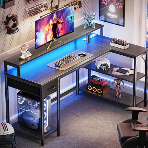 53 inch Reversible L Shaped Desk with LED Lights & Power Outlets, view 3