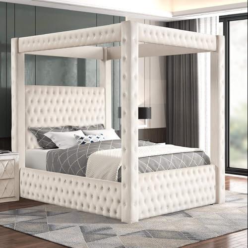 Velvet Canopy Bed Frame Queen - Upholstered Four Poster Bed Frame with Tufted Headboard and Footboard, Luxury Bed Frame with Wood Slats for Bedroom Furniture, Box Spring Required, Ivory
