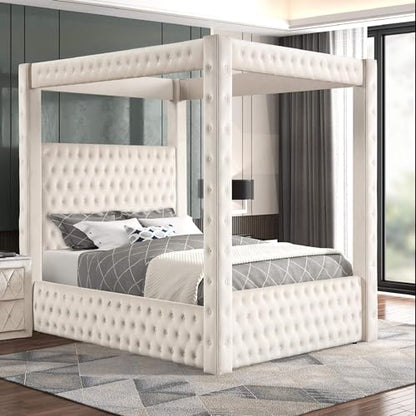 Velvet Canopy Bed Frame Queen - Upholstered Four Poster Bed Frame with Tufted Headboard and Footboard, Luxury Bed Frame with Wood Slats for Bedroom Furniture, Box Spring Required, Ivory