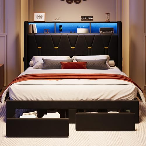 Queen Bed Frame, 2 Storage Drawers & 2-Tier Storage Headboard, view 5