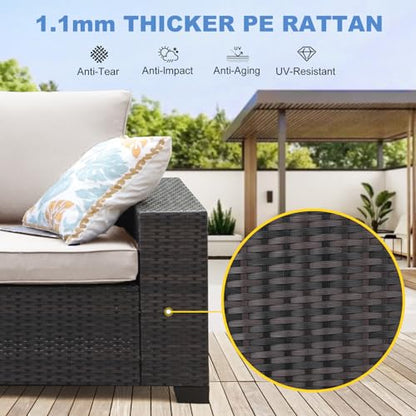 5 Pieces Outdoor Patio Furniture Set, Wicker Conversation Sets with Tea Table, Rattan Patio Sofa with Thick Cushions for Garden, Backyard, Poolside, Party, Beige