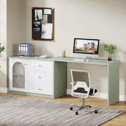 Tribesigns L-Shaped Computer Desk with Drawers, Modern Corner Home Office Desk with Reversible Storage Cabinet, Long Study Writing Desk Workstation for Home Office, Cyan & White