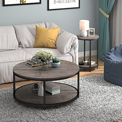 Round Side Table Set of 2,16in Rustic Wooden End Table Surface Top & Sturdy Metal Legs Nightstand for Living Room Bedroom Farmhouse Sofa Table with Storage Open Shelf,Light Walnut