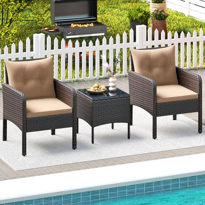3 Pieces Patio Furniture Set, Outdoor Rattan Wicker Conversation Set with Coffee Table & Cushions, Patio Sofa Set for Garden Balcony Backyard Poolside
