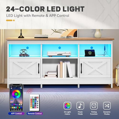 TV Stand with Cabinets, Power Outlet & LED, Living Room, White, view 6