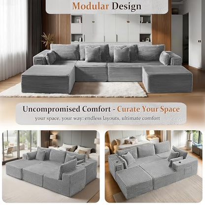 138" Oversized Cloud Sectional Couch, Comfort U Shaped Boneless Couch for Living Room, Extra Deep Seats No Assembly, Modular Sofa, Corduroy (Light Grey, 3 Seater+Left Facing Chaise+Ottoman)