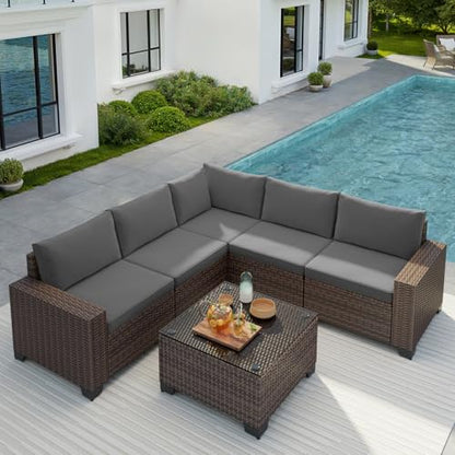 6-Piece Outdoor Patio Furniture Set, PE Wicker Rattan Sectional Sofa Conversation Set with Thickened Cushions and Coffee Table, All-Weather Patio Furniture for Garden, Backyard, Poolside, Grey