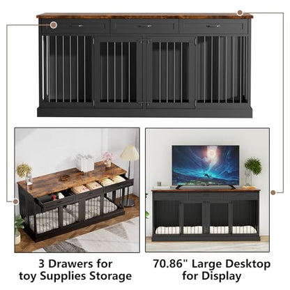 71 inches Double Furniture Style Dog Crate with 3 Drawers Indoor Wooden Dog, view 7