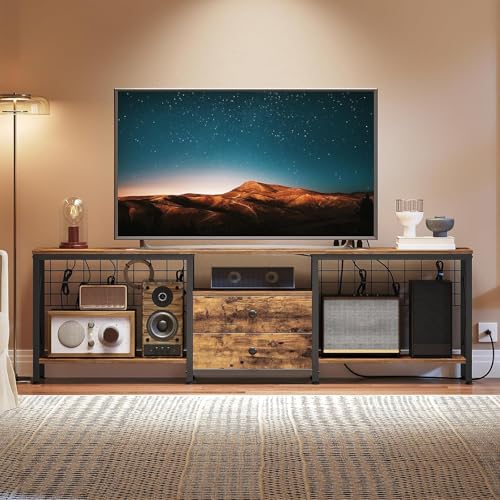 TV Stand with Power Outlet Up to 75 Inch, Entertainment Center with 2 Fabric Drawers, TV Console Table with Open Storage Shelves for TVs, Cable Management, for Living Room, Bedroom, DS18UBRY1