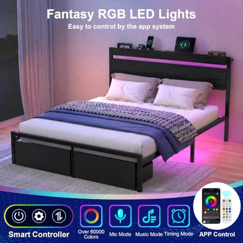 Queen Bed Frame with Drawers, Platform Bed with LED Lights & Charging Station, view 6