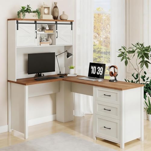 Farmhouse 68" H L-Shaped Desk with Hutch,Unique White, view 7