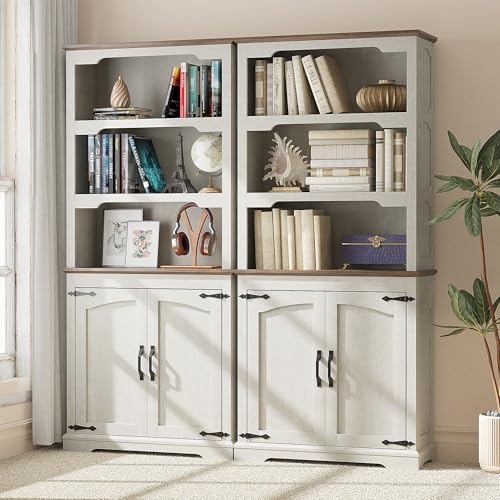 70'' Farmhouse White Bookcase Bookshelf, 5-Tier Bookcase with Doors Storage, view 6