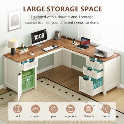59" Farmhouse L Shaped Desk with Drawers & Storage Cabinet for Home Office, view 5