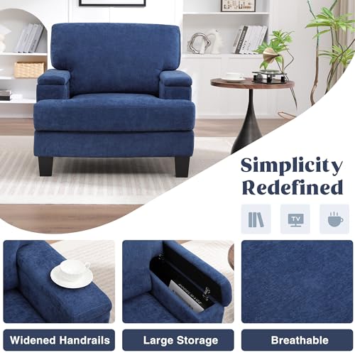 Accent Chair with Storage Armrest, Modern Upholstered Reading Living Room Chairs, Comfy Large Armchair, Fabric Single Sofa Chair for Bedroom (Blue)