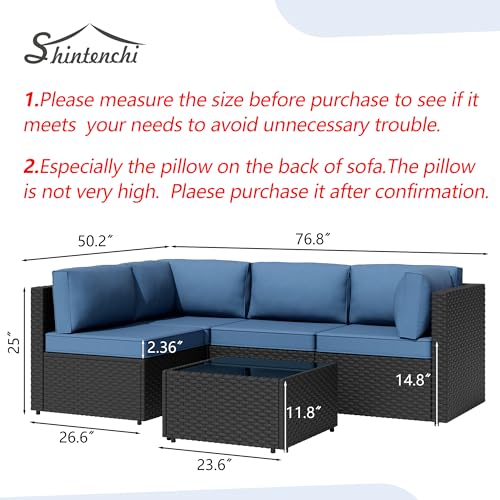 5 Pieces Outdoor Patio Sectional Sofa Couch, PE Wicker Furniture Sets, Patio Conversation Sets with Washable Cushions Glass Coffee Table for Garden, Poolside, Backyard, Aegean Blue