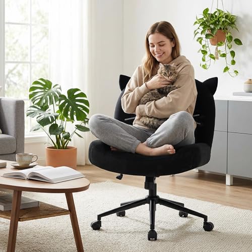 Armless Office Desk Chair with Wheels,Ergonomic Criss Cross Legged Computer Chair with Fabric Padded, Height Adjustable Wide Seat Vanity Chairs,Mid Back Task Chair for Home, Bedroom (Black)