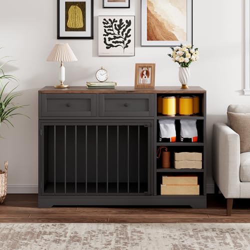 47" Dog Crate Furniture with Drawers and Open Shelves, Black, view 5