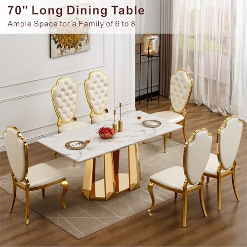 Marble Dining Table for 6 People, 70'' Rectangle Faux Marble Dining Table with Mirrored Stainless Steel Base, Large Size Marble Kitchen Table (Gold,White)(only Table)