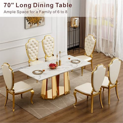Marble Dining Table for 6 People, 70'' Rectangle Faux Marble Dining Table with Mirrored Stainless Steel Base, Large Size Marble Kitchen Table (Gold,White)(only Table)