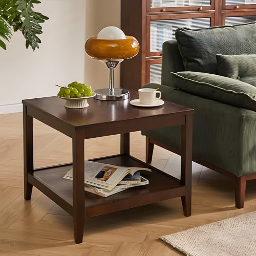 Side Table, Solid Wood Square End Table with Storage Shelf, 2-Tier Coffee Table for Living Room, Rubber Wood Small Sofa Table, Nightstand 23.62 H x 23.62 W x 23.62 D Inches (Walnut)
