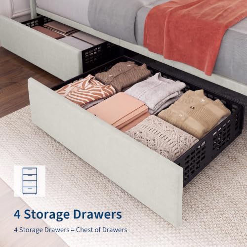 King Size Bed Frame, Linen Bedframe with 4 Storage Drawers, Beige, view 4
