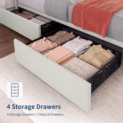 King Size Bed Frame, Linen Bedframe with 4 Storage Drawers, Beige, view 4