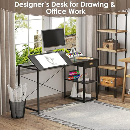 X-cosrack Drafting Table with Storage Shelves & Drawer, 43" Adjustable Art Desk with Monitor Stand for Home Office Computer, Tiltable Draft Drawing Table for Artist, Study, Writing Workstation, Black