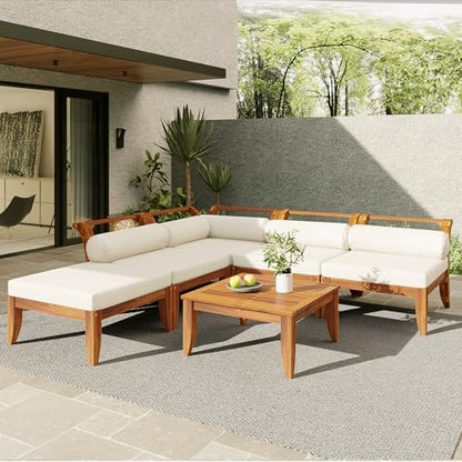 6 Pieces Patio Furniture Set, Outdoor L-Shaped Sectional Sofa Set with Coffee Table, Acacia Wood Conversation Seating & Cushions and Lumbar Pillows, for Garden, Poolside and Backyard, Teak+Beige