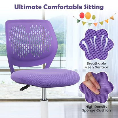 Desk Chair for Teen, Kids Armless Swivel Small Cute Low-Back Mesh Office Chair Comfy with Adjustable Height, Lumbar Support, Ergonomic Computer Study Chair in Home Bedroom School, Purple