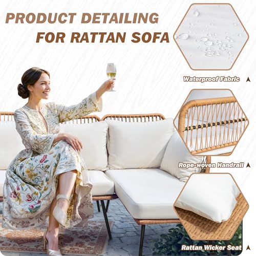 Outdoor Rope Woven Patio Furniture L-Shaped Conversation Sectional Sofa Set Detachable Lounger for Backyard Porch with Thick Cushions & Long Table, White