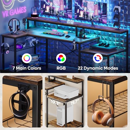 71.5 inch Computer Desk with Power Outlets, L Shaped LED Home Office Desk with Long Monitor Stand, Large Corner Desk with Storage Shelf, Cup Holder & Headset Hooks, Modern Simple Table