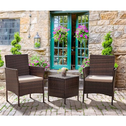 Patio Furniture Set 3 Pieces All-Weather Rattan Outdoor Furniture Patio Chairs with Tempered Glass Table for Porch Bistro Balcony (Brown/Cream)