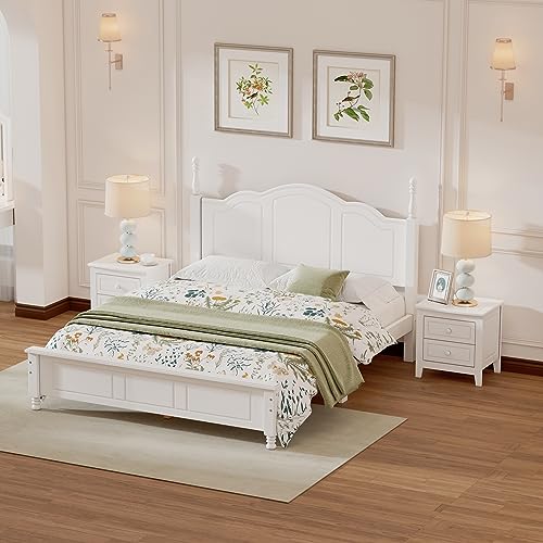 3 Pieces Bedroom Sets Queen Size Platform Bed with Headboard and Two Nightstand, Solid Wood Bedroom Furniture Sets for Boys Girls Kids Teens Adults - White
