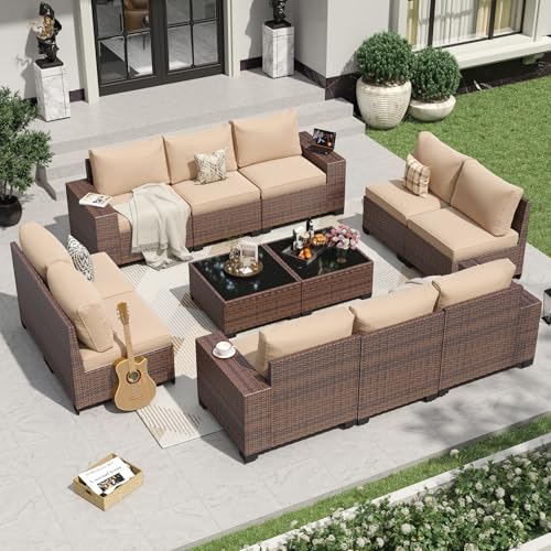 12 Pieces Patio Furniture Set Wicker Rattan Outdoor Sectional Conversation Set with Coffee Table and 4” Thickened Cushions, Beige (Waterproof Cover Included)