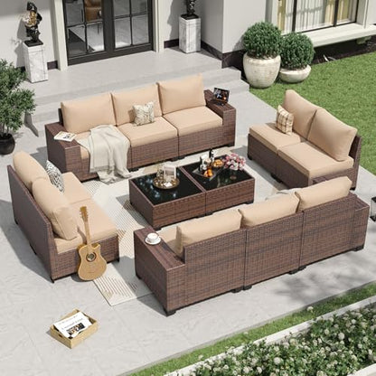 12 Pieces Patio Furniture Set Wicker Rattan Outdoor Sectional Conversation Set with Coffee Table and 4” Thickened Cushions, Beige (Waterproof Cover Included)