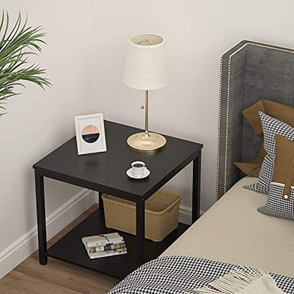 Side Table 20 Inch Square, 2-Tier Coffee Tea End Table Nightstands for Sofa Couch Bed, Metal Wood Accent Modern Simple Industrial Style Side Table for Living Room Bedroom, Black