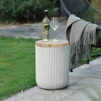LuxenHome 18" Outdoor Side Table with Storage, Cement Patio End Table with Wood Finish Lid, Accent Table for Patio, Porch, Poolside, Backyard, Outside, Indoor, Garden Stool, Drum, Plant Stand