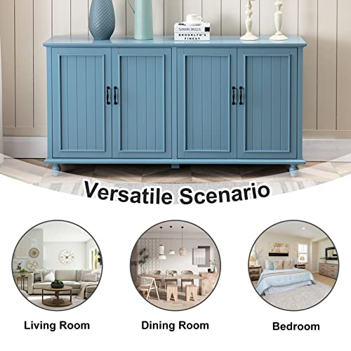 Sideboard Buffet Cabinet with 4 Doors, Vintage Coffee Bar Station, Blue, view 7