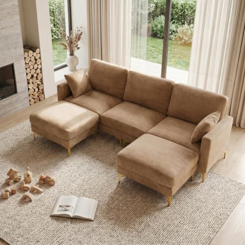 100" W U Shaped Couch with Ottoman, 22" Deep Seat Comfortable Sectional Couches for Living Room, 3 Seater Chenille Fabric Cloud Sofa for Apartment, Small Spaces, Bedroom, Khaki