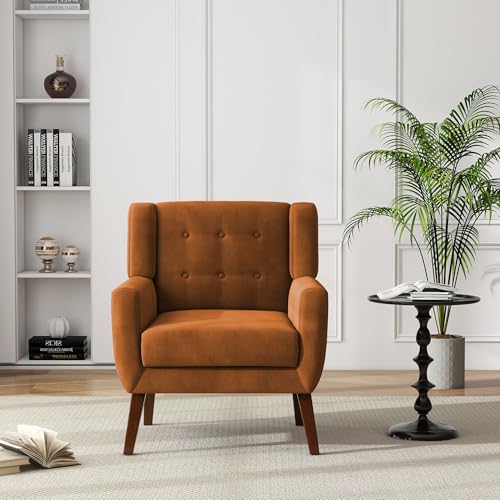 Accent Chair, Velvet Upholstered Armchair for Living Room, Modern Club Arm Chairs Comfy Single Sofa Button Tufted Bedroom Reading Seat - Orange, Set of 1