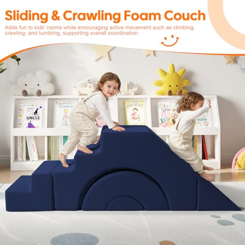 Modular Kids Sofa, Foam Couch Sofa with Slide & Stair Design, Convertible Kids Couch for Playroom, Sectional Child Furniture for Bedroom Living Room, Navy