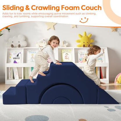 Modular Kids Sofa, Foam Couch Sofa with Slide & Stair Design, Convertible Kids Couch for Playroom, Sectional Child Furniture for Bedroom Living Room, Navy