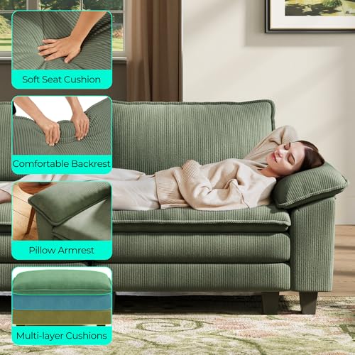 123'' Modular Sectional Sofa 3 Seat Couch Corduroy Cloud Couch with Deep Seat, Modern L-Shaped Cloud Couch with 1 Movable Ottoman for Living Room, Office, Bedroom, Green