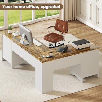 67" Farmhouse L-Shaped Office Desk with 4 Drawers,White & Brown, view 4