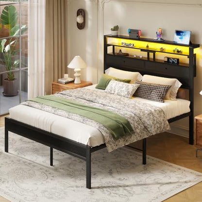Queen LED Lighted Bed Frame with Storage, Black, view 3