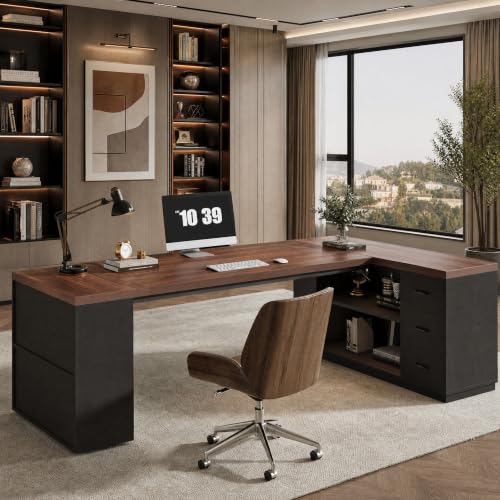 86.6" L-Shaped Executive Desk with 3 Drawers & Storage Shelves, view 6