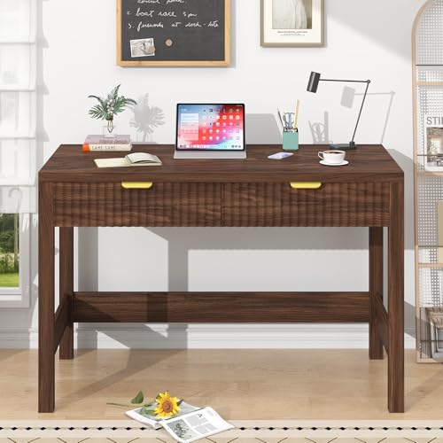 Fluted Computer Desk with 2 Drawers, 39 Inch Small Computer Desk with Storage, Compact Writing Study Desk for Small Spaces, Walnut