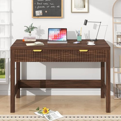 Fluted Computer Desk with 2 Drawers, 39 Inch Small Computer Desk with Storage, Compact Writing Study Desk for Small Spaces, Walnut