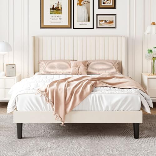 Queen Size Velvet Bed Frame with Vertical Channel Tufted Wingback Headboard, Upholstered Platform Bed with Wood Slats, No Box Spring Needed, Easy Assembly, Cream White